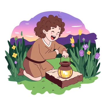 A small hobbit with curly brown hair is kneeling down in a lush green garden, preparing to light a lantern. The evening sky is transitioning to shades of twilight. The hobbit is wearing a cozy, earthy-toned tunic and has a joyful expression on his face. A flickering flame emerges as he strikes a match against the rough surface of the lantern. Surrounding him are colorful flowers and tall blades of grass, gently swaying in the evening breeze. The soft glow from the lantern begins to illuminate the hobbit's features and the nearby plants.
