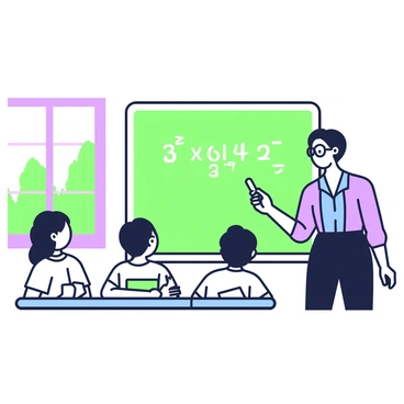 A teacher with glasses is standing in front of a chalkboard. She is wearing a blue blouse and black trousers while holding a piece of chalk in her right hand. On the chalkboard, there is a math problem written in white chalk, including numbers and symbols. In front of her, several students are seated at their desks, looking up attentively. Each student has a notebook open in front of them, and some have their hands raised, ready to ask questions. The classroom is well-lit, with a window visible in the background, showing a glimpse of trees outside.