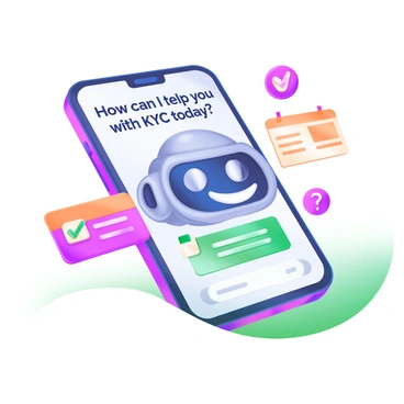 A smartphone screen displaying a friendly chatbot character with a smiling face, engaging with users. The chatbot is designed with soft, rounded features and colorful accents. Above the chatbot, the text "How can I help you with KYC today?" is displayed in a clear, approachable font. Around the smartphone, there are icons representing KYC elements, such as a checklist, an identification card, and a question mark, all presented in modern pastel colors.