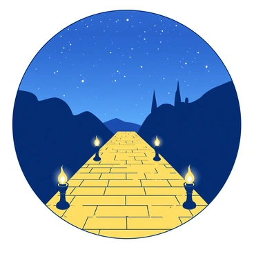 A yellow brick road stretches across the center of the image, leading into the distance. Glowing lanterns line both sides of the road, casting warm light and creating soft shadows on the bricks. Above, a deep blue starry sky is filled with twinkling stars, creating a magical atmosphere. The surrounding landscape is dark, contrasting with the brightness of the lanterns and the road, drawing attention to the path ahead.
