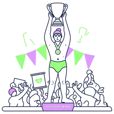 A swimmer stands on a podium, holding a trophy high above their head. The swimmer has a determined expression, with water droplets glistening on their skin. They are wearing a swim cap and goggles pushed up onto their forehead. The trophy is shiny and large, with a gleaming base, decorated with ornate details. In the background, colorful banners hang, and a crowd can be seen cheering, with some holding signs of support. The swimmer wears a medal around their neck, signifying their recent victory.