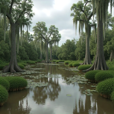 A swampy area with muddy water reflecting the greenery around. Tall cypress trees rise from the water, their knobby roots partially submerged. Long strands of hanging Spanish moss drape gracefully from the branches, swaying slightly in the humid air. The sky above is overcast and gray, giving a heavy feeling to the atmosphere. Patches of lily pads float on the water's surface, and the scene is bordered by thick, lush vegetation.