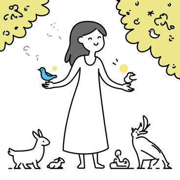 A woman with long, flowing hair, wearing a long white gown, stands amidst a lush green forest. She extends her arms, and various birds, including sparrows and finches, are perched on her hands and shoulders. Small animals such as rabbits and deer gather around her feet, looking up at her calmly. Sunlight filters through the trees, casting gentle shadows on the ground. The atmosphere is tranquil, with soft leaves rustling and a gentle breeze moving through the scene.