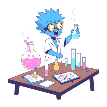 A blue cartoon boy with spiky hair is wearing large yellow goggles while standing at a wooden laboratory table. He is excitedly conducting a science experiment. On the table, there are several bubbling test tubes filled with colorful liquids. One test tube is overflowing with a pink substance, while another is emitting orange bubbles. The boy is wearing a white lab coat that is slightly oversized, and he is holding a beaker in his right hand, pouring its contents into one of the bubbling test tubes. A few colorful lab equipment and a notepad with scribbled notes are spread out across the table.