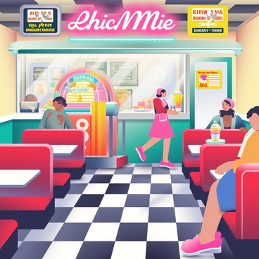 A colorful retro diner has bright neon signs illuminating the space. The walls are adorned with vintage decor, including posters from the 1950s. A large jukebox stands near the entrance, with vibrant lights and a selection of classic tunes playing. The tables are checkered with black and white patterns, and red vinyl booths line the sides of the diner. A waitress with a pink uniform is carrying a tray of milkshakes, while customers are chatting and enjoying their meals. The floor is made of shiny tiles that reflect the neon lights.