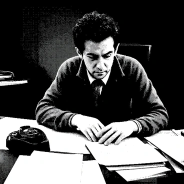 A tired detective with disheveled hair and dark circles under his eyes is sitting at a cluttered desk. The desk is filled with scattered case files, open notebooks, and crumpled pieces of paper. An old rotary phone rests at one corner, its black surface slightly worn. The detective is leaning forward with a weary expression, looking at a file in front of him. The room is dimly lit, creating a sense of focus on the detective and his work.
