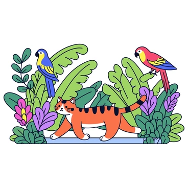 A cat with a sleek, striped coat is sauntering through a lush jungle. The surrounding vegetation includes tall, green fronds and vibrant flowers in various colors. Brightly colored birds perch on branches, adding splashes of red, blue, and yellow to the scene. The cat moves gracefully among the exotic plants, which have large leaves and intricate shapes. Sunlight filters through the canopy, casting dappled shadows on the ground.