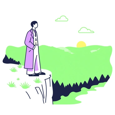 Candide is standing at the edge of a cliff, gazing out at a vast, unexplored landscape. He is dressed in a simple, elegant outfit, with a long coat that flows gently in the wind. The cliff beneath him is rocky and rugged, with tufts of grass peeking through the cracks. Below, a sprawling valley stretches into the distance, filled with gentle hills and dense forests. The sky above is expansive, featuring a few wispy clouds. In the far distance, the sun begins to set, casting a warm glow over the landscape, enhancing the sense of adventure and discovery.