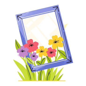 A floating picture frame positioned in a vibrant garden. The frame is ornate, with intricate designs along its edges. Inside the frame, a view of blooming flowers is showcased, featuring a variety of colors such as red, yellow, and purple. The flowers appear lush and full, with green leaves surrounding them. Sunlight filters through, casting soft shadows on the ground, enhancing the vivid colors of the scene.