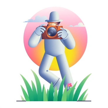 The Tin Man is standing in a lush green field, capturing a sunset with an old-fashioned camera. His metallic surface reflects the warm hues of the setting sun, which fills the sky with shades of orange, pink, and purple. The camera is large and vintage, featuring a wooden body and a large lens, held carefully in his metal hands. In the background, there are wispy clouds in the sky, illuminated by the fading light. The grass around him is tall, swaying gently in a light breeze, while a few wildflowers add pops of color to the scene.