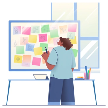 An artist with medium skin and curly brown hair is standing in front of a large digital whiteboard. The whiteboard is filled with an array of colorful post-it notes in various shades of pink, yellow, green, and blue, each displaying different sketches and ideas. The artist is wearing a light blue shirt and dark jeans, holding a stylus in her right hand while deep in thought. A sleek tablet is on the nearby table, and colorful markers are scattered around, hinting at the creative process. A window in the background lets in soft natural light, illuminating the workspace.