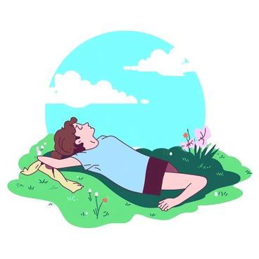 A person with brown hair is lying on a green expanse of grass, gazing up at the sky. The sky is clear and blue, with fluffy white clouds slowly drifting overhead. The person is wearing a light blue t-shirt and dark shorts, with their arms stretched out beside them. Surrounding the area are patches of vibrant green grass and small wildflowers in various colors. The sunlight casts soft shadows on the grass, creating a peaceful atmosphere.
