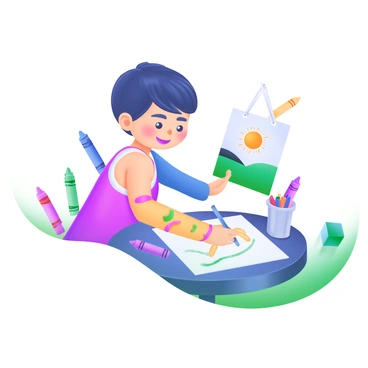 A child with a colorful cast on their arm is seated at a small, round table. The child is focused on drawing with vibrant crayons on a piece of white paper. Surrounding the table are scattered crayons in various colors, including red, blue, green, and yellow. On the table, there is also a small container filled with crayons, and a finished drawing showcasing a bright sun and a colorful landscape is laid out beside them. The child's expression is one of concentration and joy as they create their artwork.