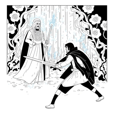 Two characters from a mythical folk legend are depicted in action. One character is a tall figure wearing a flowing cloak, with intricate patterns in their attire, holding a glowing staff that radiates light. The other character is a fierce warrior with a determined expression, brandishing a sword that glimmers as if it has a life of its own. In the background, a mystical forest filled with oversized flowers and twisting vines creates an enchanting atmosphere. The scene is infused with an energy that captures the essence of the legend, illustrating a moment of confrontation between the two characters.