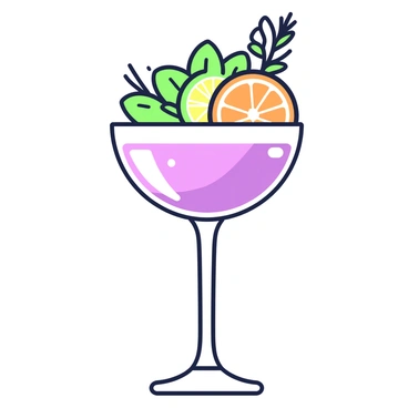 A close-up of a coupe glass filled with a vibrant cocktail. The glass has a smooth, elegant shape, reflecting light. The cocktail has a rich color, and on top, there is an elaborate garnish that includes slices of fruits such as orange and lemon, along with sprigs of fresh herbs like mint. The fruits are carefully arranged, adding texture and detail to the composition. The background is softly blurred, drawing attention to the coupe glass and its intricate garnish.