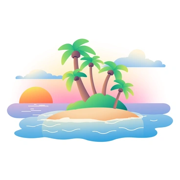 A small tropical island with lush green palm trees is in the center of the image. The sandy shore is visible around the island, leading into crystal-clear waters that reflect hues of orange, pink, and purple from the sunset sky. The sun is setting on the horizon, casting warm light over the scene. Gentle waves lap against the beach, creating small ripples in the water. In the distance, a few fluffy white clouds catch the fading sunlight, enhancing the vibrant colors of the sunset.