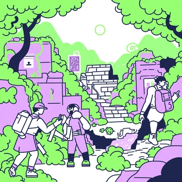 A group of adventurers is navigating through ancient ruins that are covered in thick vines and foliage. The ruins include crumbling stone structures, remnants of walls, and large stone steps leading deeper into the overgrown site. The adventurers are dressed in rugged outdoor gear, carrying backpacks and tools for exploration. One adventurer is inspecting a stone tablet with intricate carvings, while another is pointing towards a distant statue partially obscured by vegetation. Lush jungle surrounds the site, with dense trees and vibrant green leaves framing the scene. Sunlight filters through the canopy above, illuminating patches of the ruins.