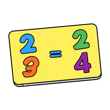 A math flashcard with a bright yellow background features the equation "2 + 2 = 4" prominently displayed in the center. The number "2" on the left is large and is colored blue, with a playful font. The plus sign "+" is in a bold red, adding contrast. The second "2" is a vibrant green, matching the playful theme. The equal sign "=" is in orange, and the final answer "4" is a striking purple, all in a fun, cartoon-like style. The flashcard has rounded corners and a slight shadow effect, enhancing its visual appeal.