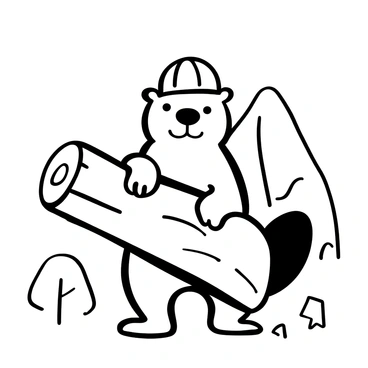 A beaver standing upright, wearing a tiny construction hat atop its head. The beaver is gripping a large log with both of its front paws, showcasing its strong build. The scene includes a few scattered wood chips around the beaver's feet, indicating recent activity. In the background, there are outlines of trees, giving context to the beaver's natural environment.