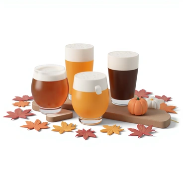 A collection of various fall harvest ales, including a deep amber ale, a pumpkin ale, and a rich brown ale, displayed on a rustic wooden table. Each ale is in a different glass, showcasing unique shapes and colors. Surrounding the ales are vibrant autumn leaves in shades of red, orange, and yellow, scattered elegantly across the table. The scene is enhanced with a few small pumpkins and gourds placed among the leaves, creating a warm, inviting atmosphere that highlights the essence of the fall harvest.