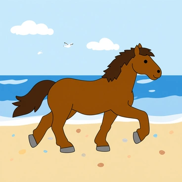 A large brown horse with a shiny coat is walking leisurely along a sandy beach. The horse has a flowing mane that catches the gentle breeze. The sandy beach is light brown and dotted with small seashells. In the background, there are soft, rolling waves that are a deep blue color, crashing lightly against the shore. The sky is clear with a few fluffy white clouds, creating a bright atmosphere. A few seagulls can be seen flying in the distance above the water. The scene is peaceful and vibrant, capturing a moment of tranquility by the sea.