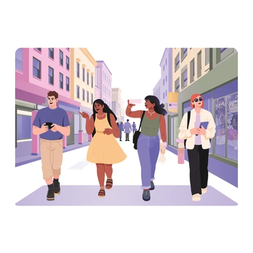 A group of four travelers exploring a bustling city street together. The first traveler on the left has light skin and short curly brown hair, wearing a blue t-shirt and khaki shorts, holding a camera up to take a photo of a historic building in front of them. The second traveler has medium skin and long straight black hair tied in a ponytail, wearing a bright yellow sundress and sandals, looking at her phone while smiling. The third traveler has dark skin and is wearing a green tank top with denim jeans and sunglasses, pointing at an interesting street art mural on the wall next to them. The fourth traveler has fair skin and shoulder-length red hair, dressed in a white shirt with a light jacket, holding a map and looking around while taking in the scenery. Colorful storefronts and passersby add energy to the scene.