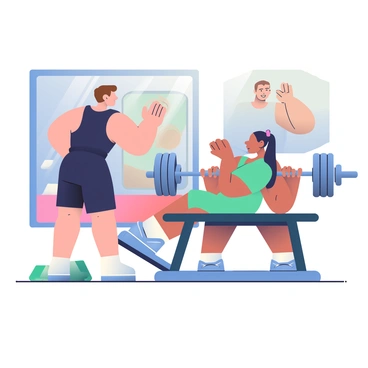 A gym instructor with short brown hair is standing next to a beginner who is preparing to perform the bench press. The instructor is wearing a fitted black tank top and athletic shorts, demonstrating the correct hand placement on the barbell above the beginner. The beginner, with long black hair tied in a ponytail, is lying on a flat bench, looking up at the instructor with a focused expression. The barbell is loaded with weights on both sides, and there are gym equipment and weights visible in the background. A large mirror reflects the scene, showing the instructor providing encouragement with a confident smile.