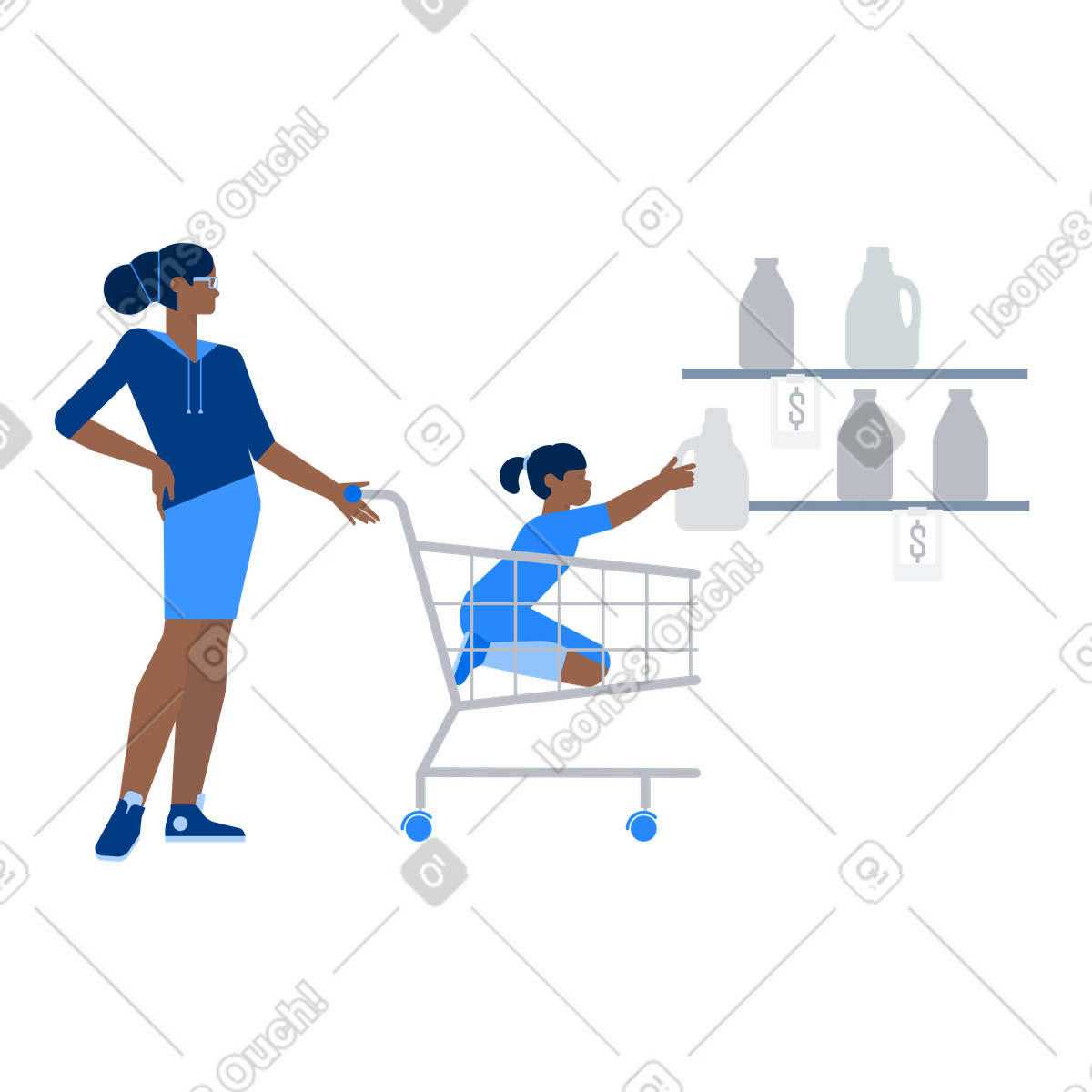 Mother and daughter picking products in supermarket, family shopping illustration Urban style download PNG, SVG