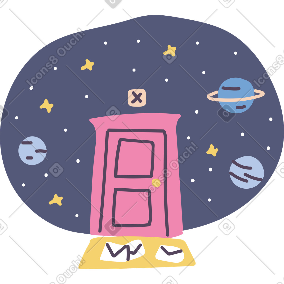 Mail on the floor at a closed entryway in space illustration in Pluto style download in PNG, SVG