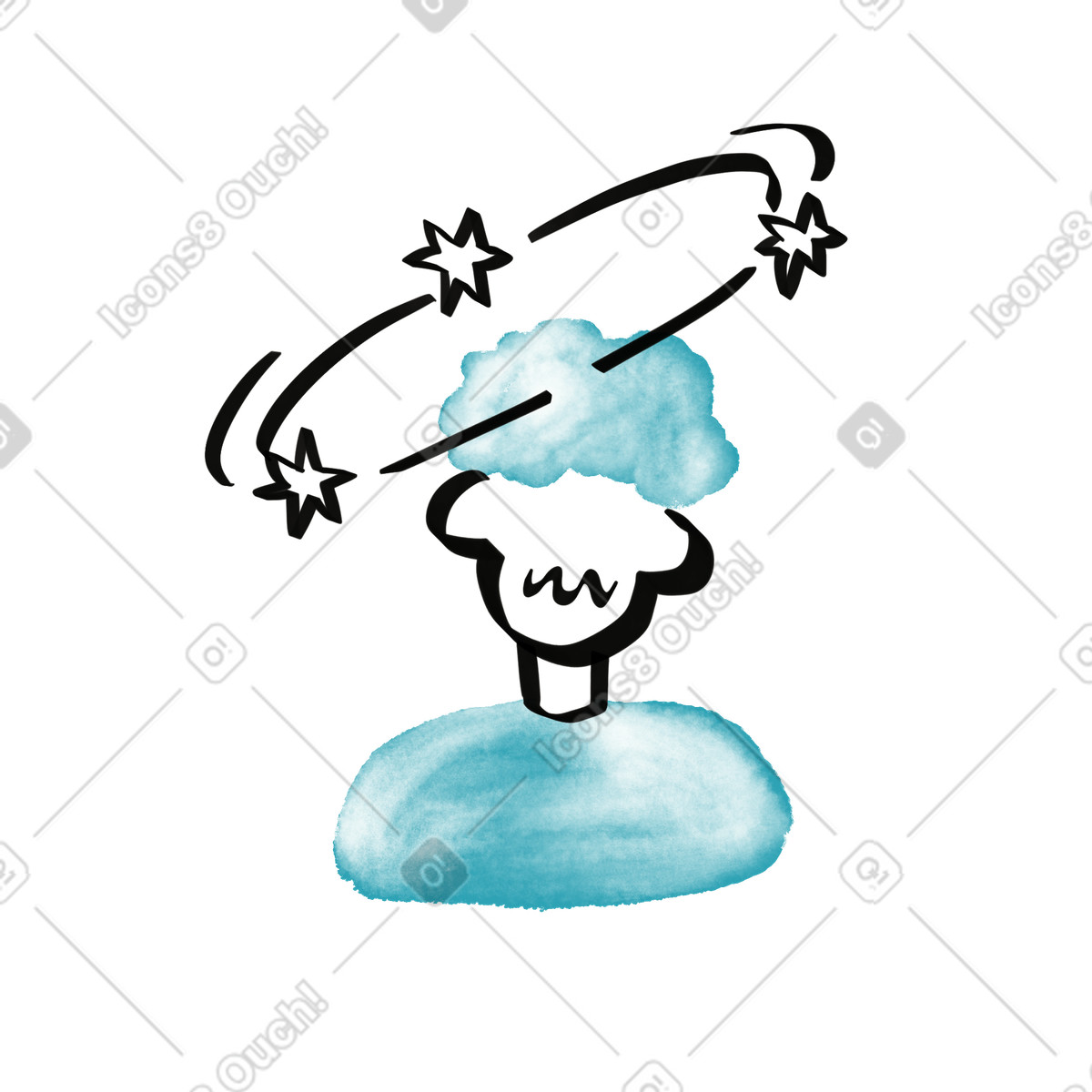下载 Watercolor sketch 风格的 Head dizziness with spinning stars and cloudy thought bubble shape 插画，支持 PNG、SVG 格式