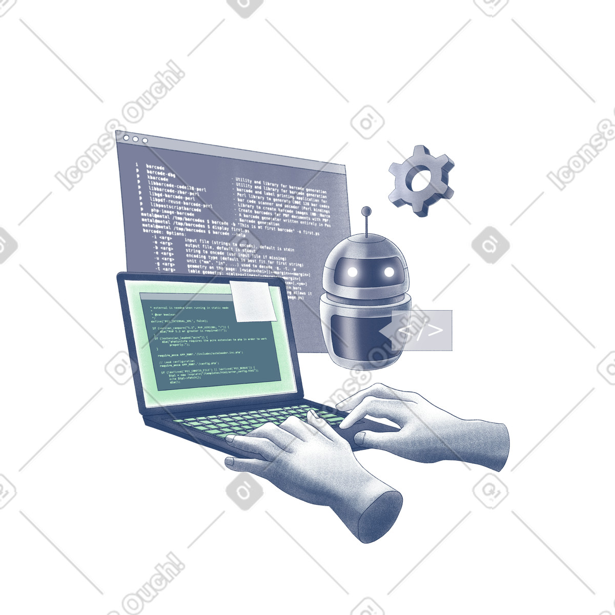 Robot helping a person writing code illustration in PNG, SVG