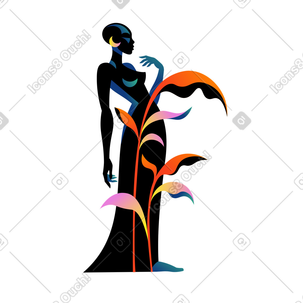 Illustration animée Femme africaine debout avec des plantes dans le style Amani à télécharger aux formats GIF, Lottie (JSON), AE