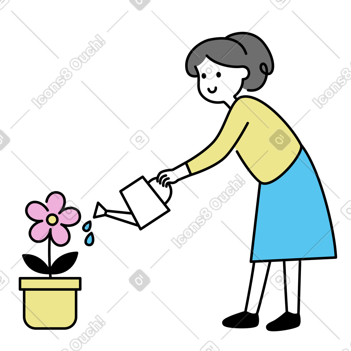 Donna che innaffia un fiore in vaso con annaffiatoio illustrazione stile Mochi scarica PNG, SVG