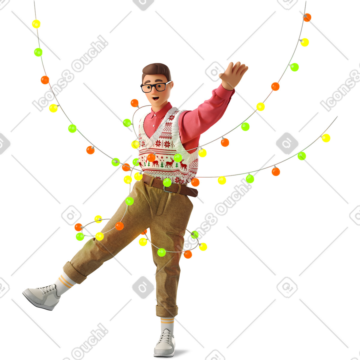 Mann verheddert sich in weihnachtsbeleuchtung-Illustration im 3D Business-Stil als Download PNG, SVG