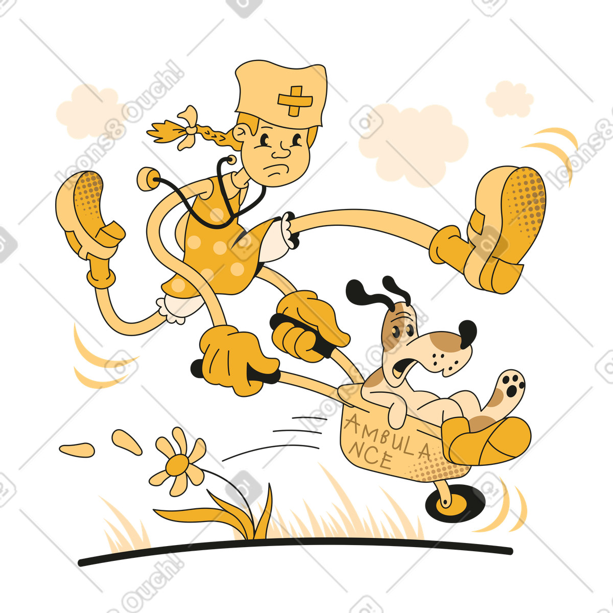 下载 Rubber 风格的 Girl veterinarian rushes to help a dog 插画，支持 PNG、SVG 格式