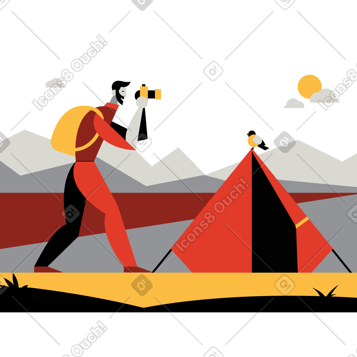 Ilustración Turista fotografía un pájaro en una tienda estilo Burgundy a descargar PNG y SVG