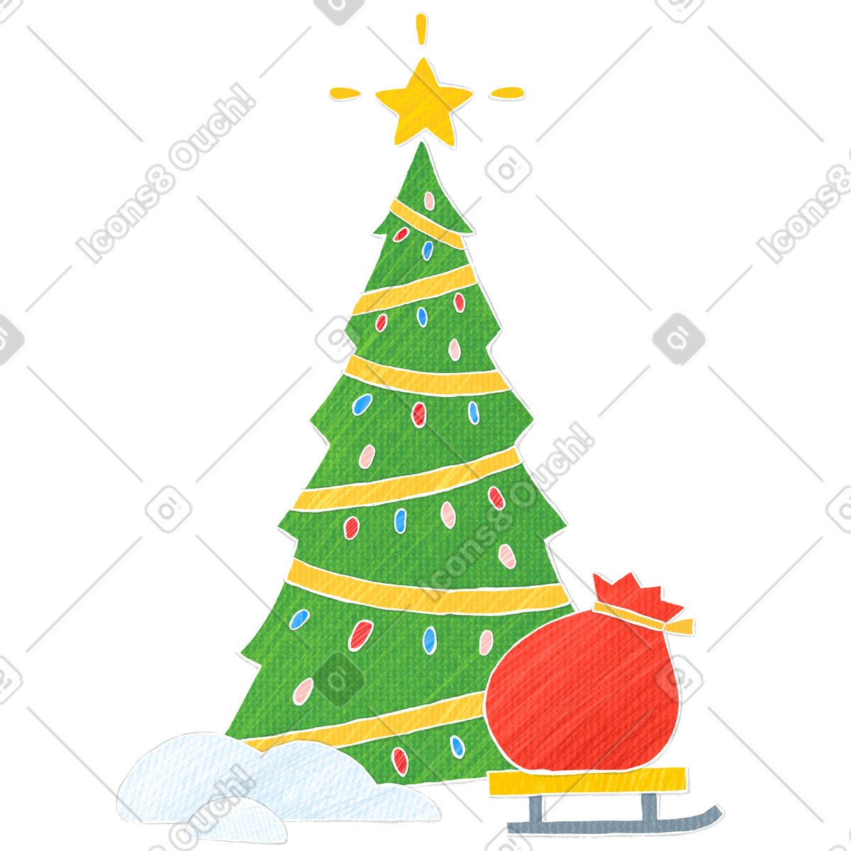 Albero di natale con decorazioni e slitta sacco regali illustrazione in stile Crafty scarica in PNG, SVG