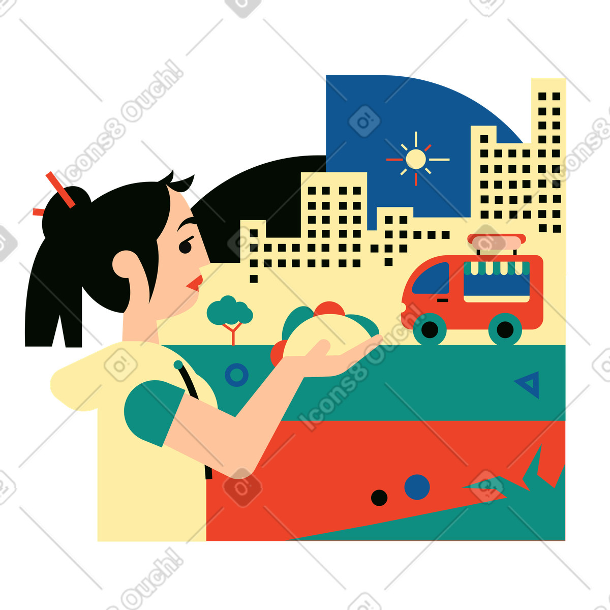 Illustration Une femme mange des tacos dans un fast-food le style Polar à télécharger aux formats PNG, SVG