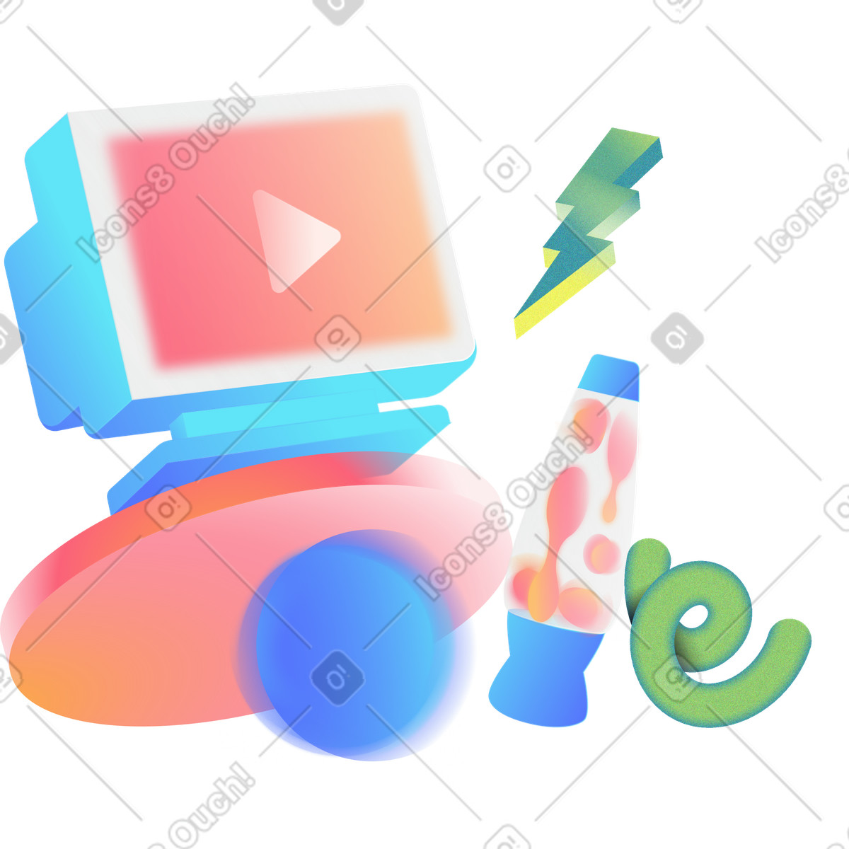 Lava lamp and retro computer surrounded by geometric figures illustration in Morphis style download in PNG, SVG