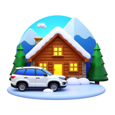 A crossover SUV with a sleek design, parked outside a cozy cabin made of wood and stone. The cabin has a warm glow emanating from the windows, indicating a warm fire inside. Snow blankets the ground, softly accumulating on the SUV's roof and hood. Tall pine trees surround the cabin, their branches heavy with fresh snow. In the background, snow-capped mountains rise under a clear blue sky. Wisps of smoke rise from the cabin's chimney, adding to the inviting atmosphere.