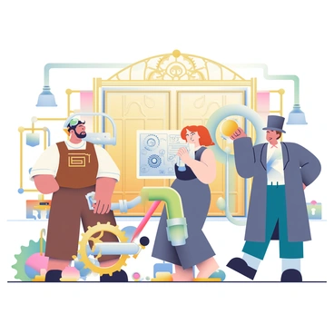 A group of three inventors is inside a steampunk factory, surrounded by intricate machinery and various cogs. The first inventor, a man with goggles on his forehead and a wrench in his hand, is adjusting a large brass gear. He is wearing a leather apron over a white shirt and brown trousers. The second inventor, a woman with goggles perched on her nose and a clipboard in her hand, is examining a complex blueprint on a wooden table. She has short auburn hair and is dressed in a dark corset and a long skirt. The third inventor, a tall figure with a top hat and a long coat, is pulling down a large lever connected to a series of pipes. The walls of the factory are adorned with copper tubing, and steam is billowing from several vents. In the background, the large main gate is covered in ornate designs, waiting to be unlocked. There are various tools and small gadgets scattered around the floor, adding to the busy atmosphere.