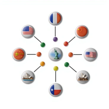 A collection of icons representing various countries, each designed in a distinct style. The icons include landmarks like the Eiffel Tower for France, the Great Wall of China, the Statue of Liberty for the USA, and the Sydney Opera House for Australia. These icons are arranged in a circular pattern, with vibrant colors that highlight their unique features. Lines in varying colors connect the icons, symbolizing global collaboration and interaction. The background is a subtle gradient, enhancing the focus on the icons and their connections.