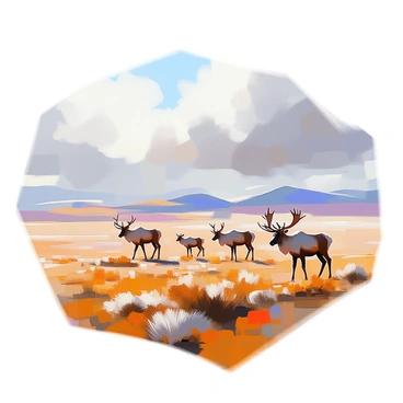 A wide-open tundra area characterized by vast stretches of flat land, scattered with low shrubs and patches of grass. In the foreground, a herd of caribou is seen wandering across the terrain, their antlers prominent and fur blending with the natural tones of the landscape. The sky above is filled with thick, gray clouds, casting a soft, diffused light over the scene, creating a tranquil yet dynamic atmosphere. The distant horizon is marked by subtle rolling hills, adding depth to the expansive view.