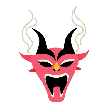 A "hannya mask" with intricate details such as fierce eyes and a wide open mouth is positioned prominently in the center of the image. The mask features two sharp horns at the top, elegantly curved. "Tendrils of smoke" are depicted rising from the base of the mask, curling gracefully around each horn, creating a mystical aura. The smoke is represented in a swirling pattern, enhancing the dramatic effect of the mask. The colors of the mask include deep reds and blacks, contrasting with the pale gray of the smoke.