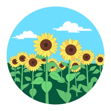 A field of tall yellow sunflowers stands proudly under a clear blue sky. The sunflowers are facing the bright midday sun, their vibrant petals catching the light. The field is filled with lush green leaves surrounding each sunflower, creating a striking contrast. In the background, a few fluffy white clouds drift lazily across the sky.