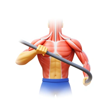 A double exposure illustration featuring a person performing a seated cable row exercise. The individual is depicted pulling a cable towards their torso while seated, with their hands gripping the cable attachment. Overlaying this scene is a detailed anatomical representation of the muscles engaged during the exercise. The muscles such as the latissimus dorsi, rhomboids, and biceps are highlighted, showcasing their structure and connectivity. The illustration captures both the movement and the underlying anatomy, providing a clear visual understanding of the muscle groups involved.