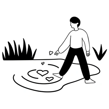 A man with short hair is standing at the edge of a serene body of water, reaching down with one hand to touch the surface. As his fingers make contact, circular ripples expand outward from the point of touch. The ripples gradually morph into the shape of hearts, floating gently on the water's surface. The background features tall grass and distant trees, providing a natural setting.