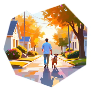 A person with medium skin tone is walking a medium-sized brown dog along a tree-lined street in a quiet neighborhood. The individual is dressed in casual clothing, wearing a light blue shirt and comfortable jeans, and appears relaxed as they stroll. The golden sunlight of the setting sun casts warm hues over the scene, illuminating the leaves of the trees and creating long shadows on the pavement. Small, cozy houses line the street, each with well-maintained lawns and colorful flower beds, enhancing the peaceful atmosphere of the neighborhood.