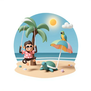 A group of vibrant cartoon characters, including a cheerful monkey swinging from a palm tree, a friendly turtle resting on the sandy beach, and a playful parrot perched on a colorful beach umbrella. The monkey is wearing sunglasses and a bright red Hawaiian shirt, while the turtle has a small sun hat. The parrot is brightly colored with green, blue, and yellow feathers. In the background, the sun shines brightly in a clear blue sky, with a few fluffy white clouds. The beach is dotted with scattered seashells and beach toys. The characters are all smiling and enjoying their sunny day together.