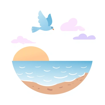 A lark soaring over the waves of a serene beach at sunset.